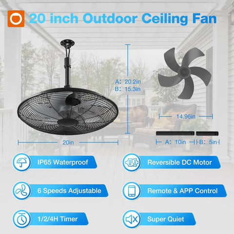 Diagram of Outdoor Patio Ceiling Fan With Remote And App Control, 20 Inch, IP65 Waterproof, Six Speeds, Quiet DC Motor features