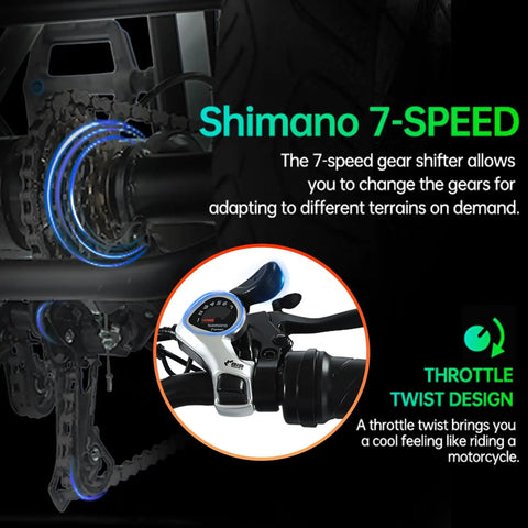 Close-up of Shimano 7-speed gear shifter and throttle twist design on Fat Tire Folding Electric Tricycle For Adults With Large Basket Three Wheels Step Thru E Trike 700W 1100W Peak Removable Battery UL2849 Safe Battery Green Premium Model.