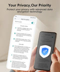 Hand holding smartphone displaying encryption settings for Wireless Outdoor Security Camera With Magnetic Mount No Wires Easy Snap On Mount 130 Degree Field Of View Battery Powered 2 4G WiFi AI Detection 3MP Color Night Vision Two Way Talk Cloud Storage Alexa Compatible IP66 Weatherproof.