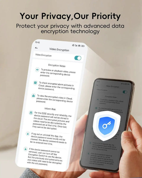 Hand holding smartphone displaying encryption settings for Wireless Outdoor Security Camera With Magnetic Mount No Wires Easy Snap On Mount 130 Degree Field Of View Battery Powered 2 4G WiFi AI Detection 3MP Color Night Vision Two Way Talk Cloud Storage Alexa Compatible IP66 Weatherproof.
