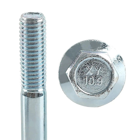 Top Shelf Heavy Duty 12 Piece Engine Stand Bolt Kit Featuring Metric Flange Bolts With Rust Proof Zinc Finish For Ls1 Ls2 Ls3 Ls6 53l 60l 62l V8 Motors showing a close-up of zinc-coated M10 bolt with threaded shaft.