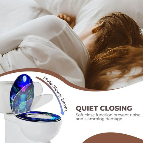 Toilet Seat Round Resin for Bathroom with soft close feature displayed over a toilet next to a person sleeping.