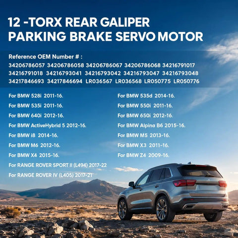 Heavy Duty Parking Brake Actuator Motor For Bmw 5 Series X3 Z4 And Range Rover Sport showing OEM reference details and compatibility.