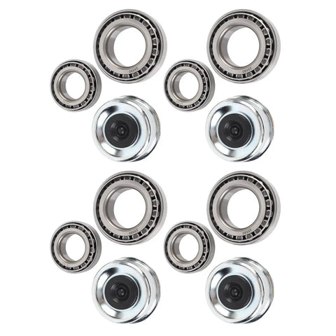 Four trailer wheel hub kits for 5200 and 6000 lb axles, showing Cr steel alloy bearings and seals in a 4-pack.
