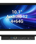 10.1 Inch Fanless Industrial Touchscreen Computer Featuring Slick RK3399 Hexa Core Processor, Android 12 Rugged Panel PC, Bulletproof 4GB RAM Plus 64GB Storage, Zero Fuss Plug And Ready For Any Gadget Project Or Kiosk with visible ports.