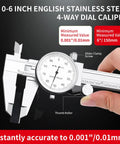 Person using 0-6 Inch Dial Caliper Measuring Tool In Imperial Stainless Steel With 4 Way Inside Outside Depth And Step Measurements, 0.001 Inch Precision