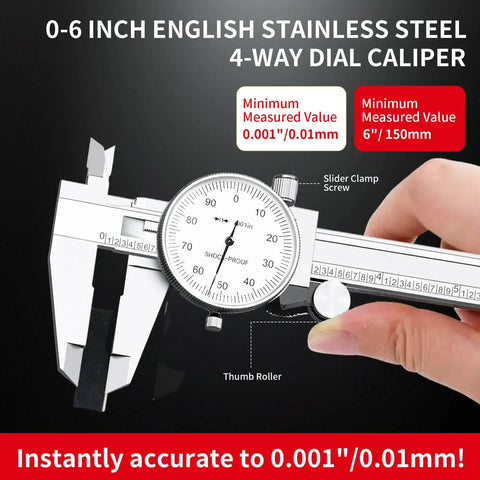 Person using 0-6 Inch Dial Caliper Measuring Tool In Imperial Stainless Steel With 4 Way Inside Outside Depth And Step Measurements, 0.001 Inch Precision