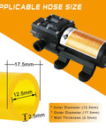Portable 12V DC Fuel Transfer Pump With 75W Motor Delivers Up To 110 GPH Gasoline Or Diesel For Cars Boats Motorbikes And Equipment Easy Plug In To Car Cigarette Lighter Or 12V Battery Quick On The Go Fuel Swaps showing applicable hose size