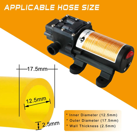 Portable 12V DC Fuel Transfer Pump With 75W Motor Delivers Up To 110 GPH Gasoline Or Diesel For Cars Boats Motorbikes And Equipment Easy Plug In To Car Cigarette Lighter Or 12V Battery Quick On The Go Fuel Swaps showing applicable hose size