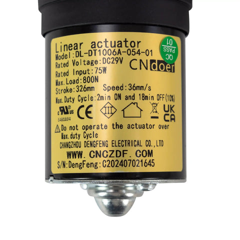 Power Recliner Lift Chair Motor Replacement DL DT1006A 054 01 label view, shows specs like 326mm stroke and 800N max load