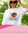 Woman wearing white shirt with Dope Monkey Heart I Love Punchis Babys DTF Transfers Pack For T Shirts 7x7 design in outdoor setting