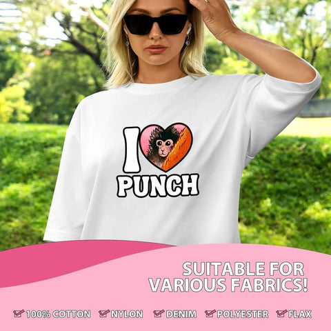 Woman wearing white shirt with Dope Monkey Heart I Love Punchis Babys DTF Transfers Pack For T Shirts 7x7 design in outdoor setting