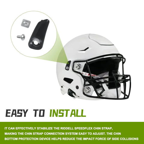 Strap Loc Chinstrap Fastener Kit For Riddell SpeedFlex Football Helmets with screws and T nuts shown with helmet installation.
