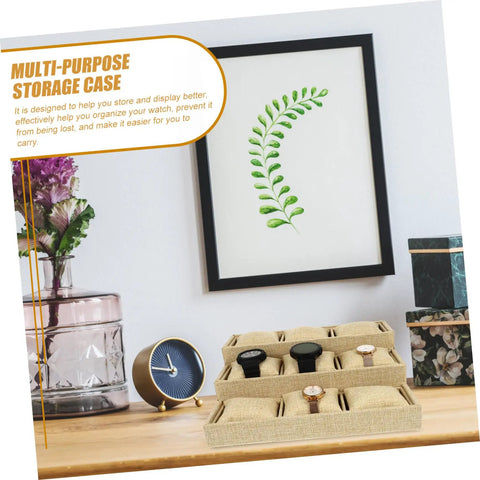Multi Grid Watch Organizer With Deep Compartments For Desktop And Home, Classic Jewelry Display Tray with watches in khaki case.