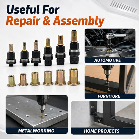 Rivet Nut Tool Set for Installation M3 To M10, Pro Grade Heavy Duty Carbon Steel Nutsert Kit, Quick Release Nut Setter Gun for Metal Fabrication, Home Diy Projects, Furniture Assembly, Reliable Threaded Fastening Points, shown with M3-M10 inserts