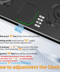 Close-up of 6 In 1 Wireless Charging Station For Apple Devices With clock display and buttons, showing adjustment instructions.