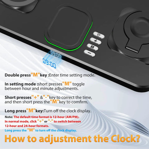 Close-up of 6 In 1 Wireless Charging Station For Apple Devices With clock display and buttons, showing adjustment instructions.