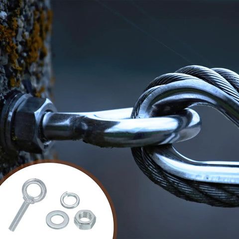 Five Pack M12 Galvanized Carbon Steel Eye Bolts With Nuts And Washers, Heavy Duty Lifting Rings For Tie Downs Indoors Outdoors, Silver Finish, Built Tough For Gear Hauling And Rigging Projects. Installed eye bolt on steel cable with nut and washer
