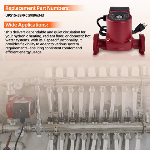 Heavy Duty Three Speed Water Circulator Pump Replacement For Hydronic Heating Systems 115 Volts UPS1558FRC on piping system.