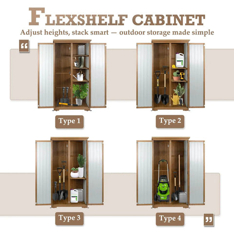 Weatherproof Outdoor Storage Cabinet With Adjustable Shelves, Tall Vertical Shed for patio tools, four configuration types shown