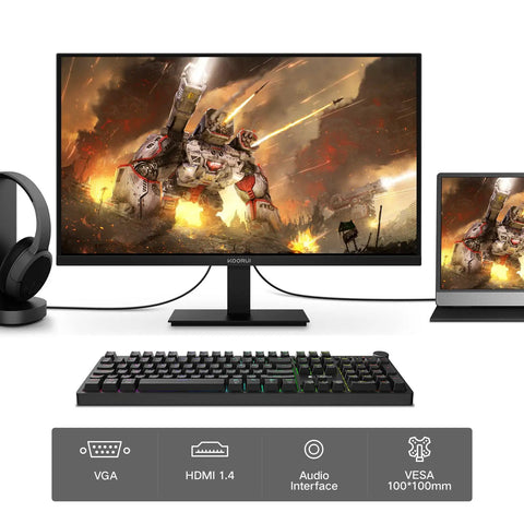 22 Inch Gaming Monitor With 1080p Full HD, 100Hz Refresh, VA Panel, Adaptive Sync, 4ms Response, 99% sRGB on desk with accessories