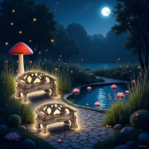 Two Piece Resin Garden Bench Set For Fairy Gardens And Dollhouses, Realistic Fairy Village Furniture Ornaments by pond