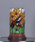 Dragonfly Tiffany Style Stained Glass Mini Table Lamp With Cylindrical Shade 10 Inch Tall Handmade Warm White Accent Lighting.