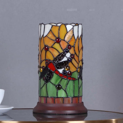 Dragonfly Tiffany Style Stained Glass Mini Table Lamp With Cylindrical Shade 10 Inch Tall Handmade Warm White Accent Lighting.