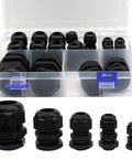 Waterproof Black Nylon Cable Glands Kit with Adjustable Cord Grips, 5 NPT Sizes, includes gaskets, 20 pieces in a plastic case.