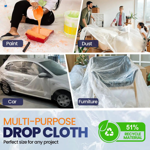 6 Pack 12x9 Ft Extra Large Plastic Drop Cloth For Painting, covering car and furniture, multipurpose painting and dust protection.