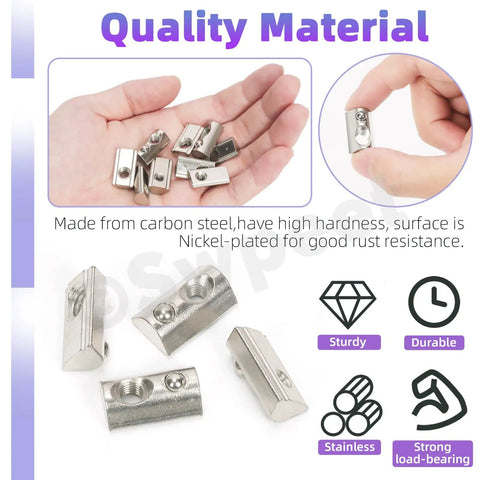 Heavy Duty 4040 Series T Slot Nuts Kit With Carbon Steel Nickel Plated Roll In Spring Nuts for aluminum extrusion rails, in hand view