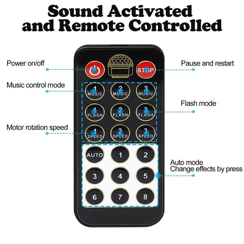 Remote control for Disco Ball DJ Strobe Light With 6 Color Modes, featuring various mode buttons and functions.