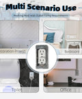 Heavy Duty Metal Wall Plate Spacers For Electrical Box And 12 Pack Outlet Shim Kit shown in different settings: bathroom, office, bedroom, decor.