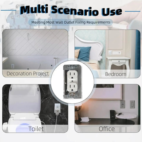 Heavy Duty Metal Wall Plate Spacers For Electrical Box And 12 Pack Outlet Shim Kit shown in different settings: bathroom, office, bedroom, decor.