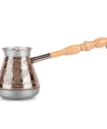 Leopard Copper Turkish Cezve 14 Fl Oz 400 Ml Large Turkish Coffee Pot With Wooden Handle For Turkish Greek And Arabic Coffee Makers Built To Last Tin Lined Copper Jezve, side view