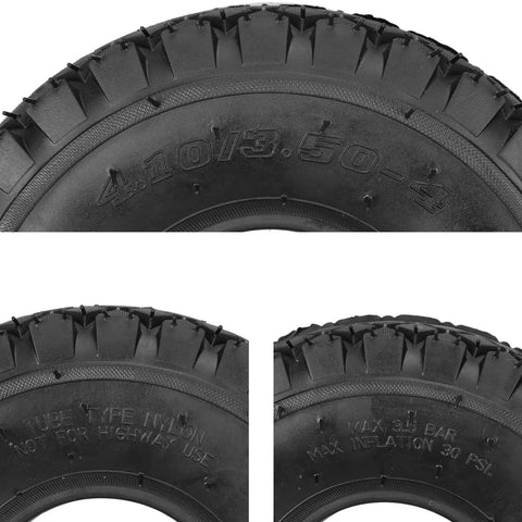 Close-up of 2 Pack 4.10/3.50-4 Tire Inner Tubes With Bent Valve Stem showing tread details and size markings for utility carts.