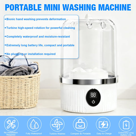 Straight Up Portable Mini Washing Machine For Underwear And Socks Compact Travel Laundry Cleaner with transparent design and digital display.