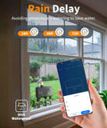 Smartphone showing app controlling 4 Zone WiFi Hose Timer with Brass Inlet for Garden Irrigation, Sprinkler System, Rain Delay setting.
