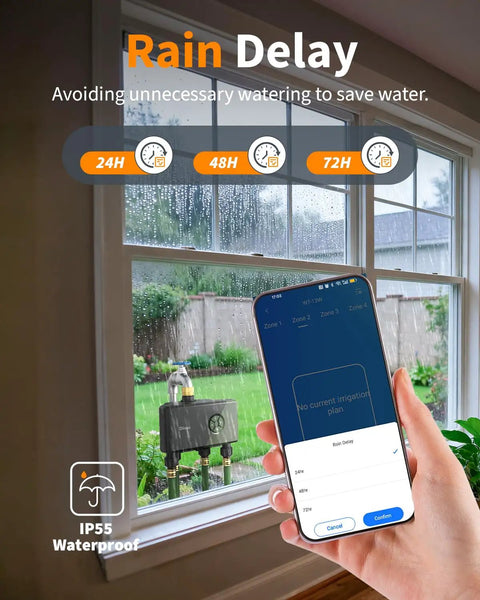 Smartphone showing app controlling 4 Zone WiFi Hose Timer with Brass Inlet for Garden Irrigation, Sprinkler System, Rain Delay setting.