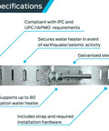 QS-50 80 Gallon Water Heater Restraint System With Front-Adjust Quick Link, showing galvanized steel strap and specifications