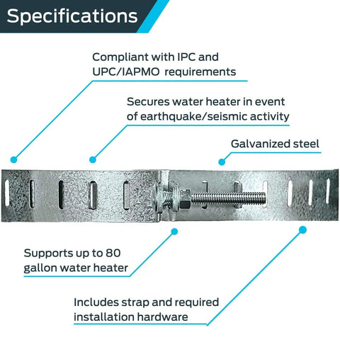 QS-50 80 Gallon Water Heater Restraint System With Front-Adjust Quick Link, showing galvanized steel strap and specifications