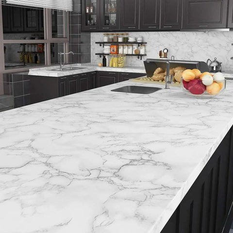 Ultra Wide 36 By 197 White Marble Peel And Stick Countertop Wallpaper on kitchen counter