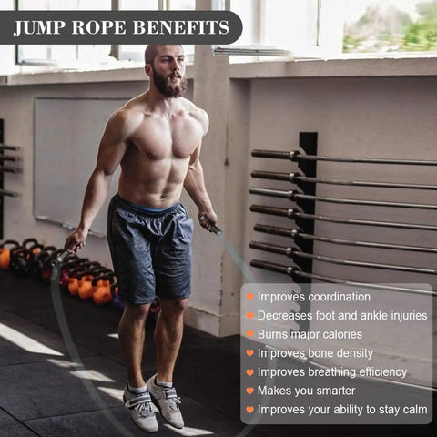 Man using Weighted Jump Rope 1lb for Serious Cardio Training with TangleFree Ball Bearing Rapid Speed Skipping Rope in gym
