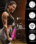 Woman using Pink Tricep Rope Cable Attachment For Gym And Home Workouts 27 Inch Length With Carabiner Durable Nylon Build for pushdowns