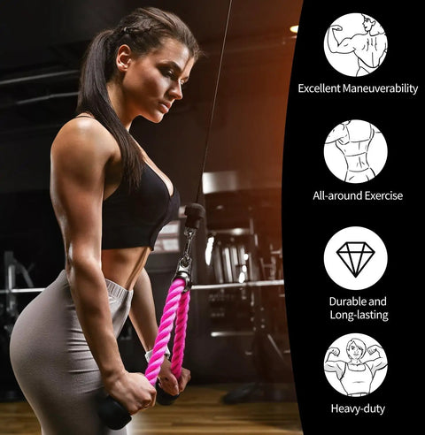 Woman using Pink Tricep Rope Cable Attachment For Gym And Home Workouts 27 Inch Length With Carabiner Durable Nylon Build for pushdowns