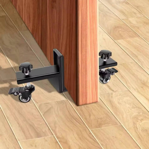 Game Changer Door Panel Mover With Rock Solid Adjustable Clamps and Smooth Glide Swivel Casters securing a wood door panel.