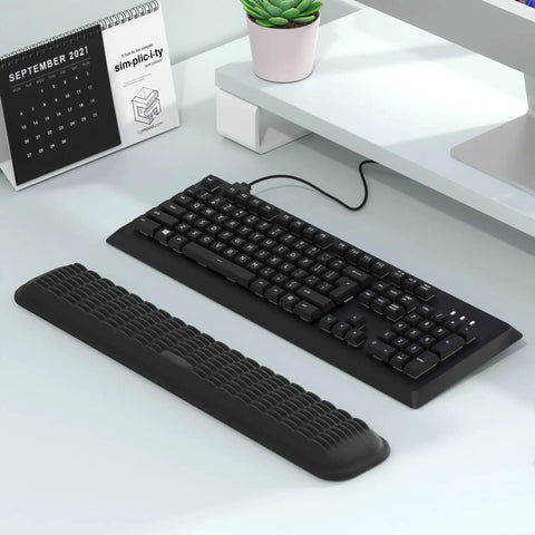 Keyboard Wrist Rest Memory Foam Pad For Pain Relief And Comfort Ergonomic Hand Support For Long Hours Gaming And Studying Massage Pattern Design To Relieve Carpal Tunnel Soft Classic Black Cushion Non Slip For Everyday Comfort with keyboard on desk