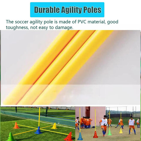 Agility Hurdle Cone Set With Detachable Slalom Poles, 5-Piece Training Kit shown on grass with yellow PVC poles and colorful cones.