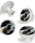 Premium 4 Pack 1.37 Inch Round Marble Cabinet Knobs With A Fresh Black And White Liquid ABS Cabochon Glass Finish, Snazzy Drawer Pulls.