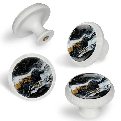 Premium 4 Pack 1.37 Inch Round Marble Cabinet Knobs With A Fresh Black And White Liquid ABS Cabochon Glass Finish, Snazzy Drawer Pulls.